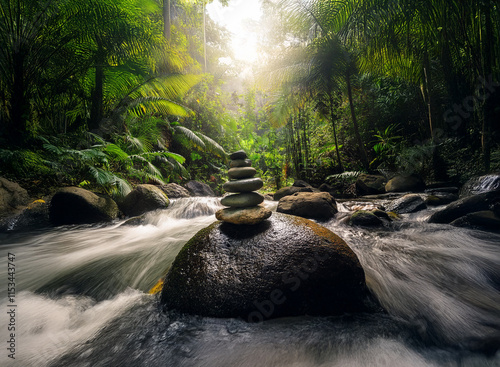 Serene rainforest scene: sunlit stream flows around a large rock, topped with a balanced stone cairn.  Peaceful, natural tranquility. photo