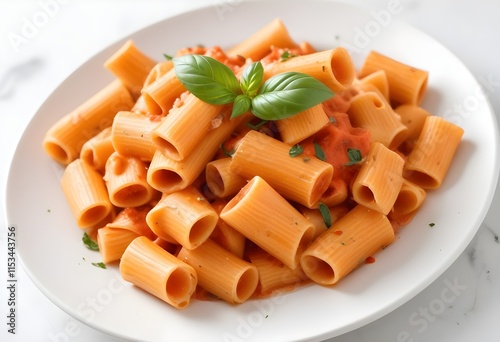 Rigatoni pasta with a thick, creamy tomato-based sauce, garnished with fresh basil leaves
