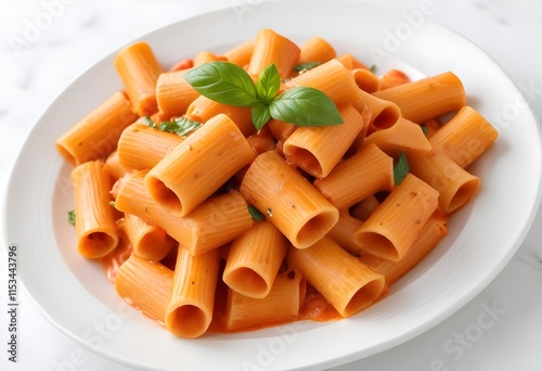 Rigatoni pasta with a thick, creamy tomato-based sauce, garnished with fresh basil leaves
