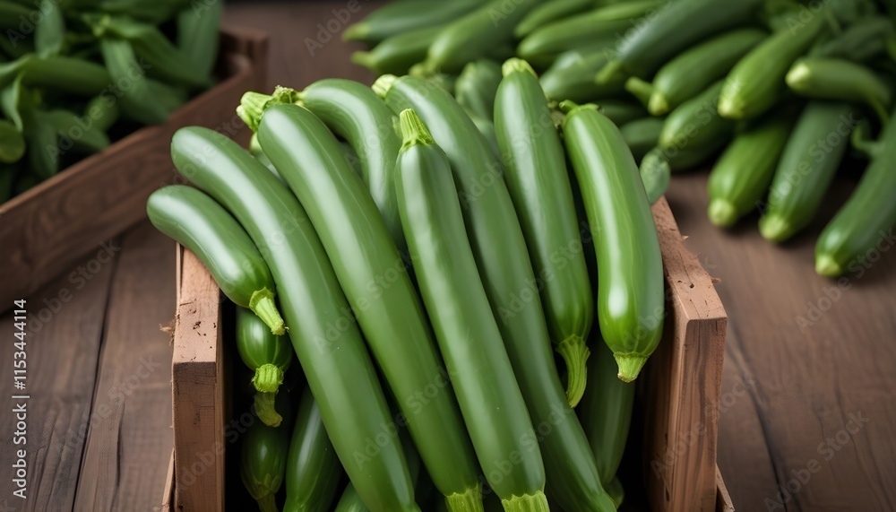 Zucchini in a wooden crate, close-up view of the fresh, vibrant green bean pods Zucchini in a wooden crate, close-up view of the fresh, vibrant green bean pods