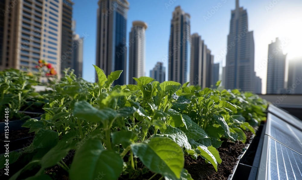 Fototapeta premium Rooftop garden thriving amidst urban skyscrapers.