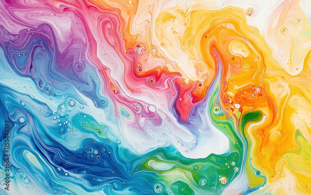 A playful swirl of liquid paint in rainbow colors, with each hue blending seamlessly, on a bright white background A playful swirl of liquid paint in rainbow colors, with each hue blending seamlessly, on a bright white background