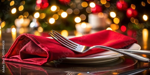 Elegant Red Napkin & Silver Fork on White Table - Night Photography Stock Photo