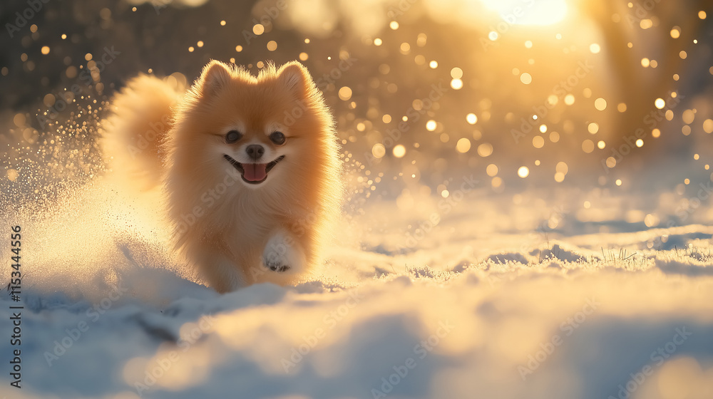 Obraz premium Adorable Pomeranian spitz running joyfully through snowy landscape