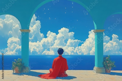 A serene young male gazes over a blue ocean, wearing a red robe against a backdrop of fluffy clouds and bright blue sky.