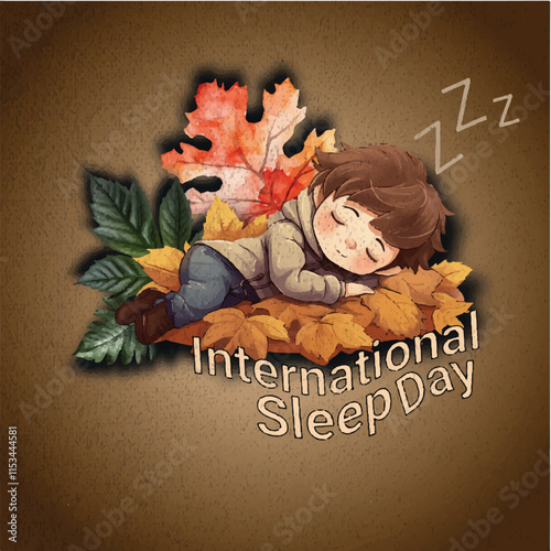 Adorable child sleeping on autumn leaves celebrating International Sleep Day with nature.