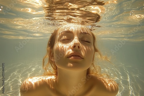 A serene young Caucasian woman floats underwater, her eyes closed, bathed in golden sunlight, creating a tranquil and dreamy atmosphere.