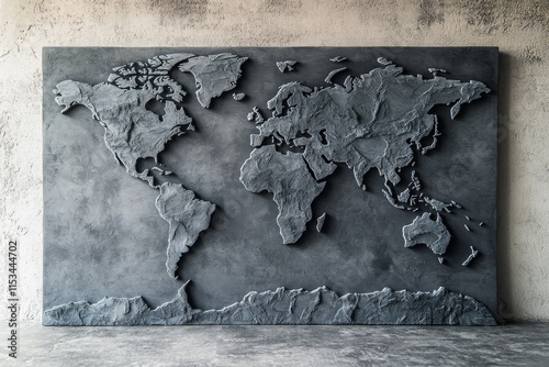 Embossed world map on a grey concrete panel against a grunge wall. #1153444702