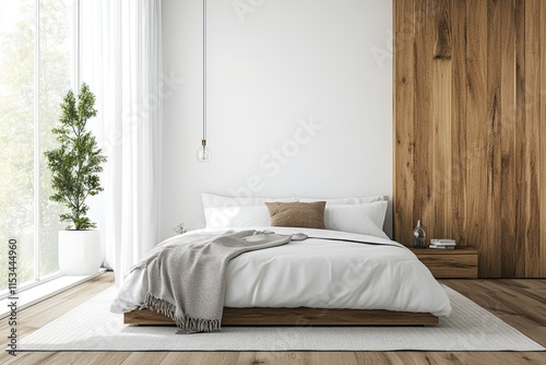 Wood on the wall next to the bed in this modern bedroom with white walls and hardwood floors.