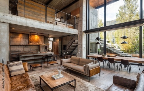 A rustic-industrial living area featuring raw materials like concrete and wood, paired with modern furniture, unique lighting fixtures, and an earthy color palette photo