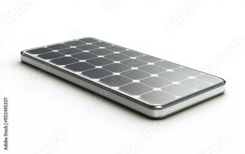 A single 3D-rendered solar panel lying flat with visible cell alignment and realistic metallic borders, isolated on white photo