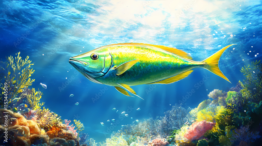 Fototapeta premium Photo image of a mahi-mahi fish swimming in the bright blue ocean, surrounded by vibrant coral reefs, schools of tropical fish, and a sunny underwater landscape. Seafloor. Illustration