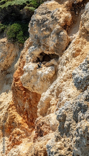 A rocky cliff with a small cave, showcasing natural geological formations.