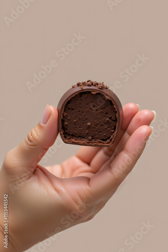 Hand holding chocolate truffle against neutral background