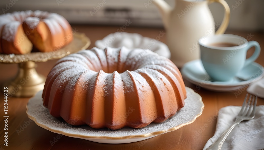 A freshly baked bundt cake dusted with powdered sugar, sitting on a decorative plate. A freshly baked bundt cake dusted with powdered sugar, sitting on a decorative plate.
