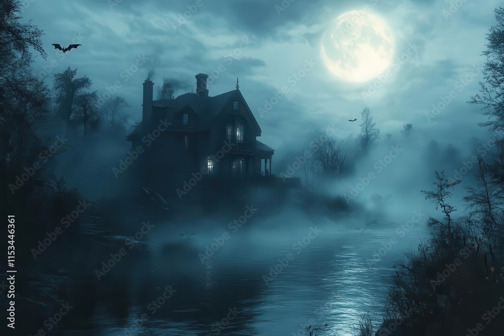 an eerie halloween night scene featuring a spooky house shrouded in mist bats fluttering in the moonlight and a haunting atmosphere that evokes the thrill of the season an eerie halloween night scene featuring a spooky house shrouded in mist bats fluttering in the moonlight and a haunting atmosphere that evokes the thrill of the season