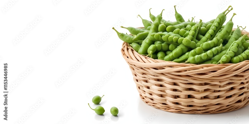 A wicker basket filled with fresh green pea pods on a white background A wicker basket filled with fresh green pea pods on a white background