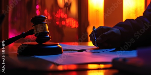 Judge Gavel and Documents:  Legal Proceedings Nighttime Signing Documents  Discreetly