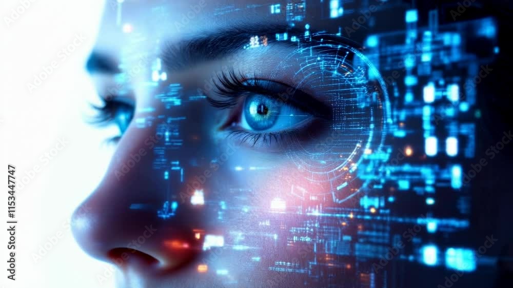 Futuristic female profile with digital data overlay. Artificial intelligence and machine learning concept. High-tech facial recognition technology visualized 