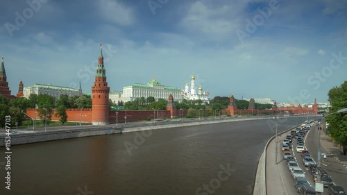 MOSCOW, RUSSIA - NOVEMBER 9, 2024: Explore the historic Kremlin along the Moskva River with clear skies and city activity in view