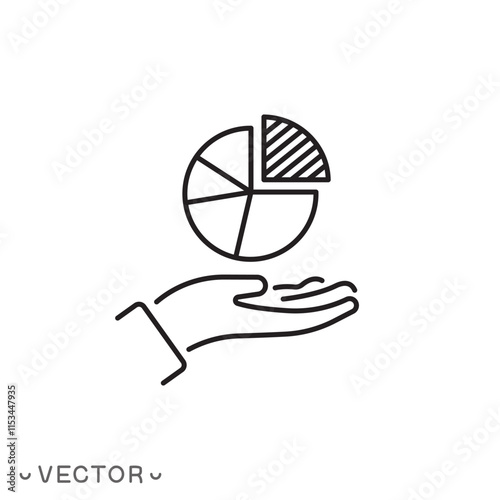 pie chart with hand icon, market share concept, get your share, business analytics, thin line symbol isolated on white background, editable stroke eps 10 vector illustration
