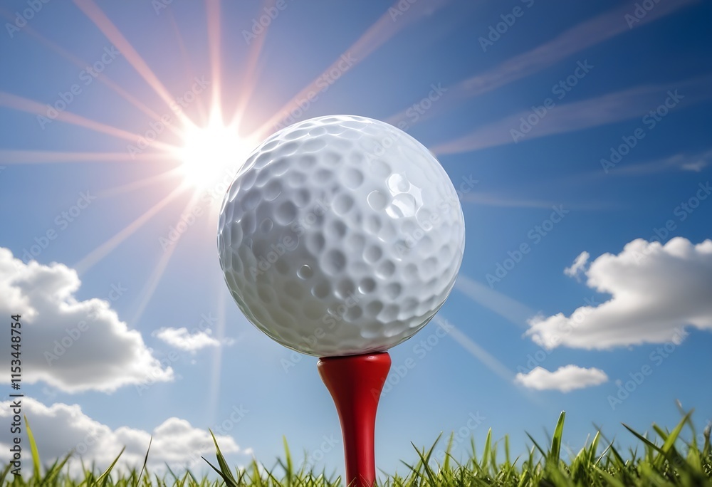 A white golf ball on a tee against a bright blue sky with sun rays A white golf ball on a tee against a bright blue sky with sun rays