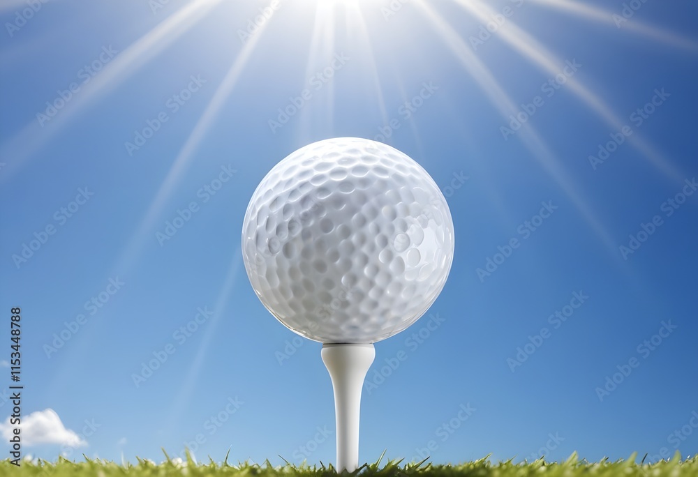 A white golf ball on a tee against a bright blue sky with sun rays A white golf ball on a tee against a bright blue sky with sun rays