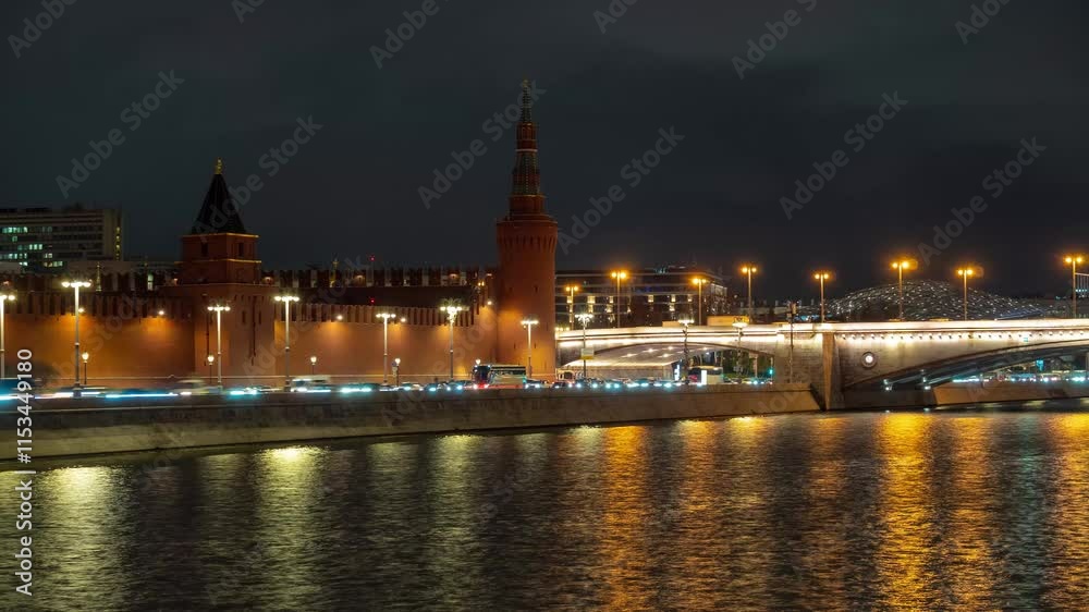MOSCOW, RUSSIA - NOVEMBER 9, 2024: Night view of Kremlin with illuminated bridges and reflections on the water in Moscow MOSCOW, RUSSIA - NOVEMBER 9, 2024: Night view of Kremlin with illuminated bridges and reflections on the water in Moscow