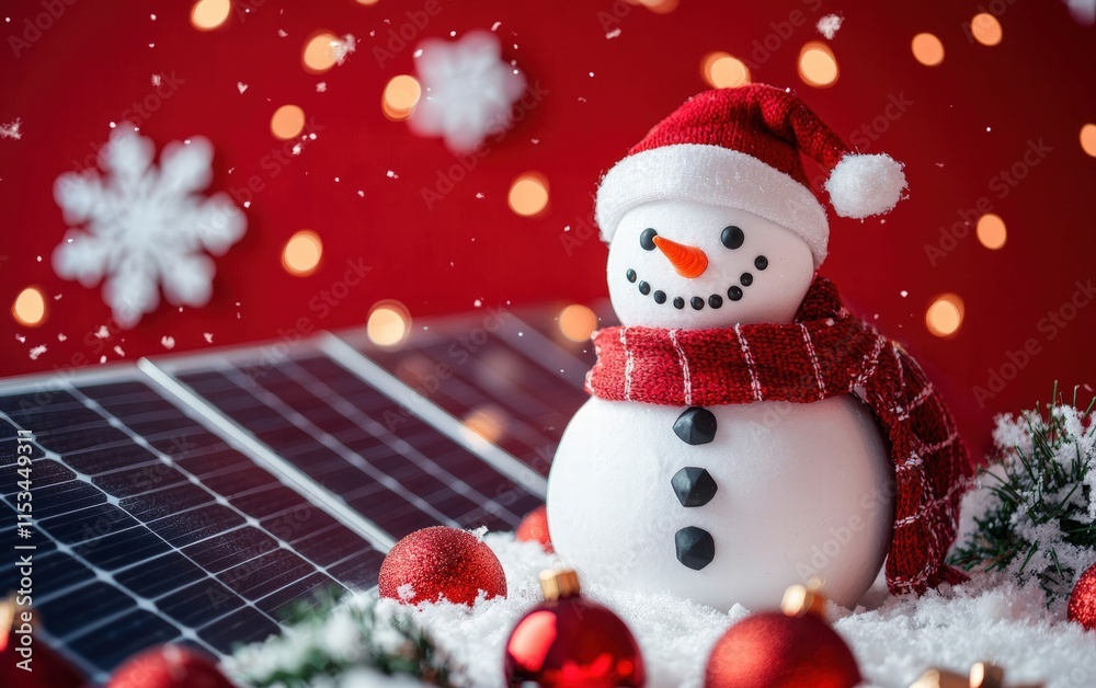 Fototapeta premium A snowman and solar panels together on a festive red background with winter-themed decorations