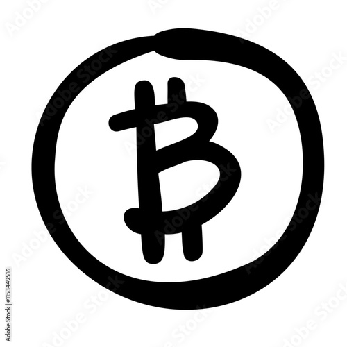 Vector illustration of Bitcoin currency symbol in doodle style. Economy, financial element.