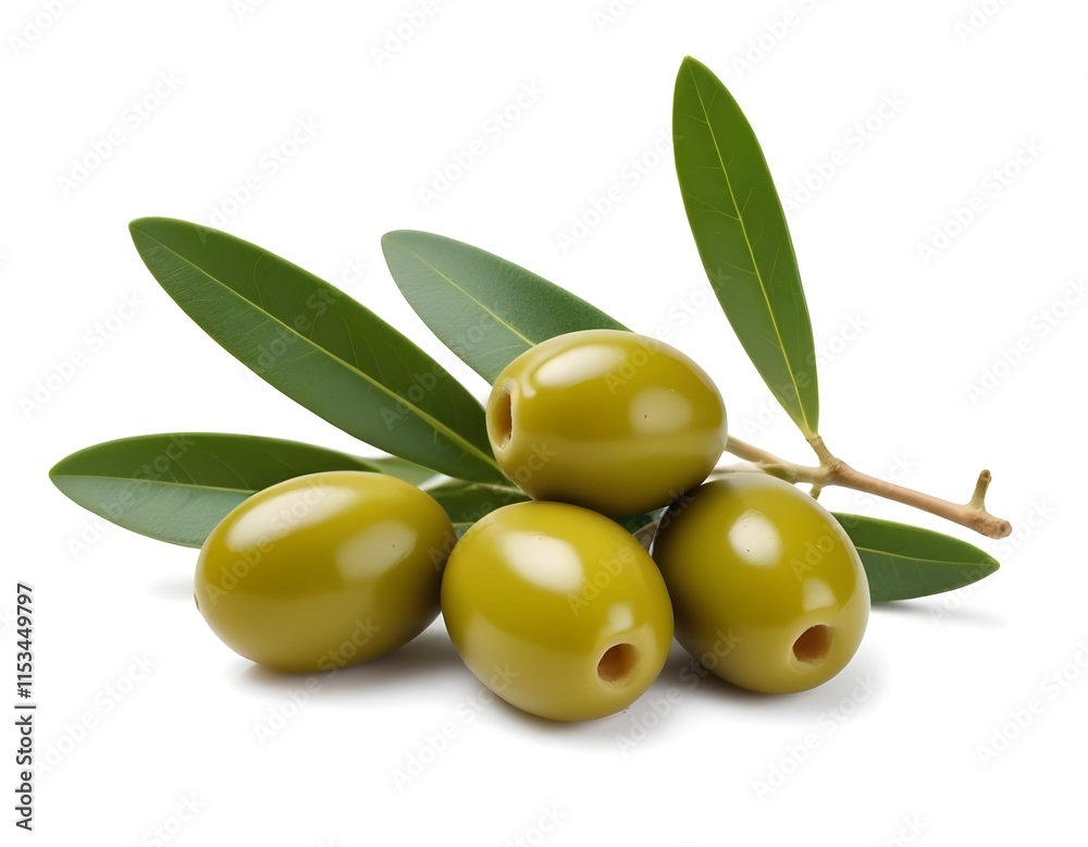 Green olives with leaves on a white background Green olives with leaves on a white background