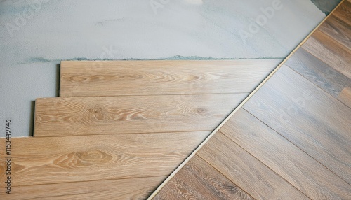  Room Floor half covered with laminate planks, half concrete. Laminate flooring installation process photo