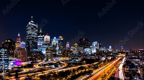 Wallpaper Mural modern city skyline with illuminated skyscrapers and light trails from traffic at night urban downtown, generative ai Torontodigital.ca