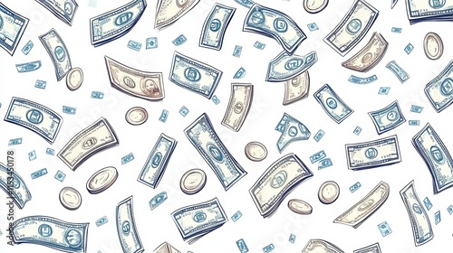 Doodle Cash Flow: Seamless Pattern of Falling Money, Dollars, Coins, and Banknotes