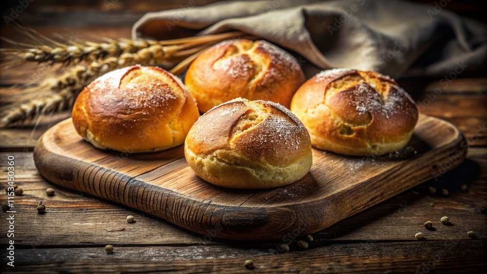 Warm Rustic Bread Rolls on Wooden Board - Artisan Bakery Fresh Baked Goods Warm Rustic Bread Rolls on Wooden Board - Artisan Bakery Fresh Baked Goods