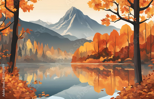 Golden autumn hues paint the scenic landscape as the sun rises over the tranquil lake, mirroring the majestic mountains in its calm waters photo