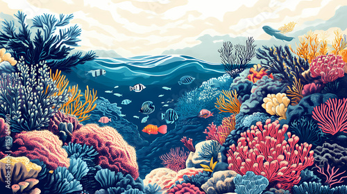 Fototapeta Naklejka Na Ścianę i Meble -  Cartoon underwater scene with coral reef and fish. Seafloor. Illustration