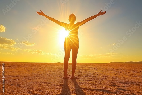 Silhouetted female figure embracing the sun, radiating warmth and positivity against a golden sunset backdrop.