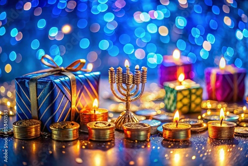 Festive Hanukkah Celebration: Colorful Gifts, Dreidels, and Gelt on Blue photo