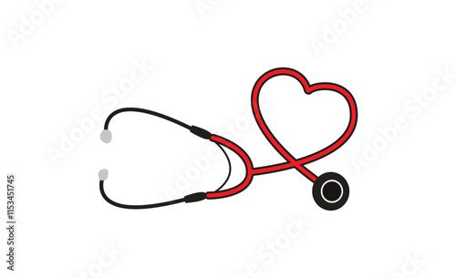 A red and black stethoscope forming a heart shape, symbolizing medical care, love, and compassion on a clean white background, simple and elegant design.