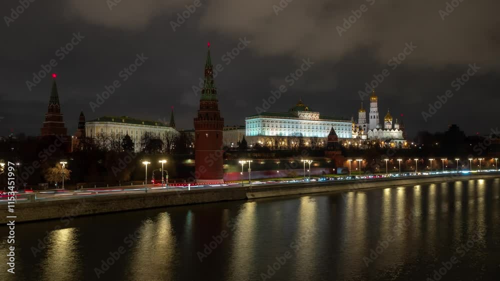 Moscow, Russia - November 9, 2024: Evening view of Kremlin along the river with lights illuminating historical architecture Moscow, Russia - November 9, 2024: Evening view of Kremlin along the river with lights illuminating historical architecture