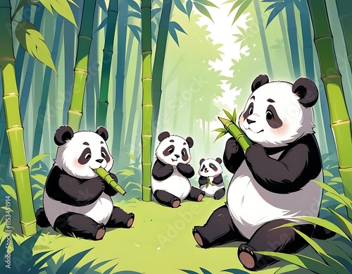 Adorable Panda Bears Enjoying Bamboo In A Lush Forest photo