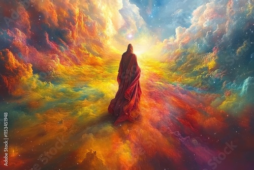 A solitary figure in a flowing red cloak walks through a vibrant cosmic landscape, filled with swirling clouds of orange, blue, and gold.