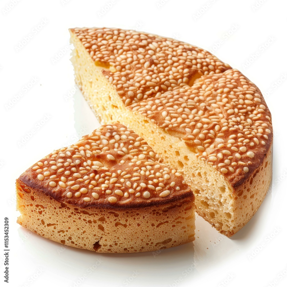 Round sesame seed cake with a slice cut out, creating a visually appealing presentation Round sesame seed cake with a slice cut out, creating a visually appealing presentation