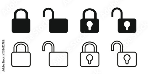Lock icon set. Locked and unlocked vector icon set. Lock and unlock padlock symbol of device security. Privacy symbol vector stock illustration. Round and square shape padlock.