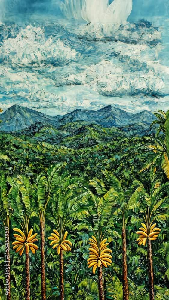 Lush green landscape showcasing banana plants and distant mountain ranges under a cloudy sky Lush green landscape showcasing banana plants and distant mountain ranges under a cloudy sky