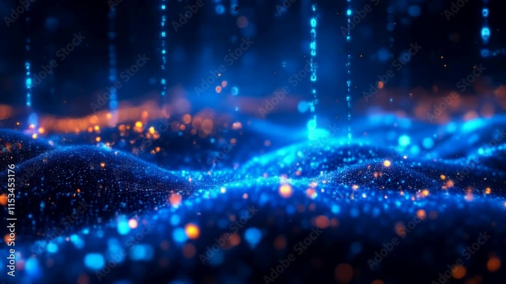 Digital data waves and particles in blue cyberspace. Abstract technology network concept. Futuristic visualization of big data and AI with glowing stream Digital data waves and particles in blue cyberspace. Abstract technology network concept. Futuristic visualization of big data and AI with glowing stream