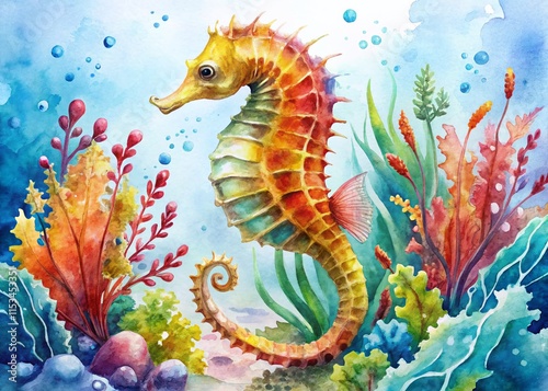 Watercolor Seahorse in Vibrant Marine Setting, Isolated on White Background - Stock Photo photo