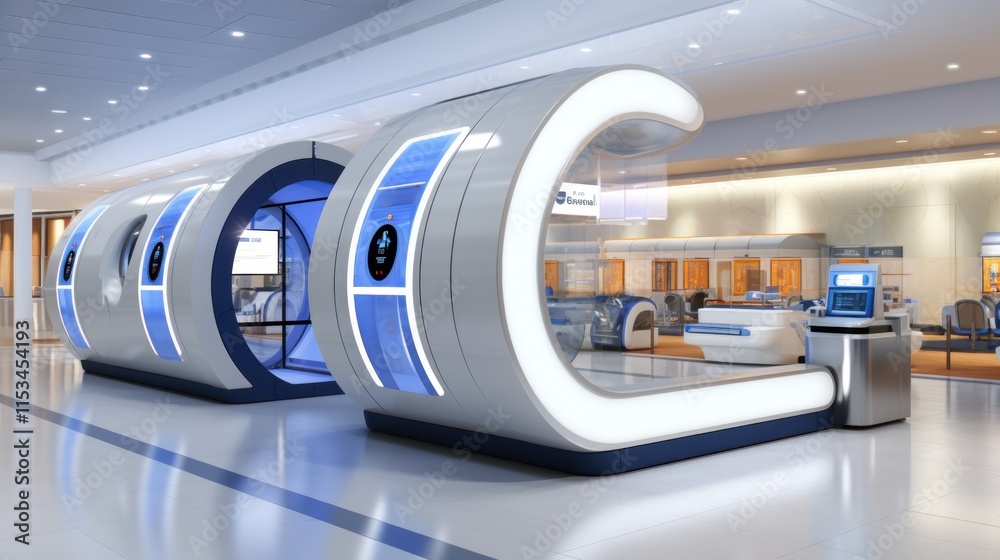 Fototapeta premium Futuristic Airport Check-in Kiosks: Streamlined Travel Experience