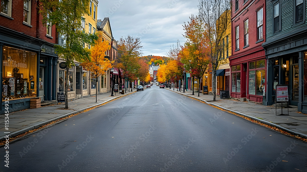 Fototapeta premium Quaint main street in Montpelier Vermont with historic buildings and vibrant fall colors